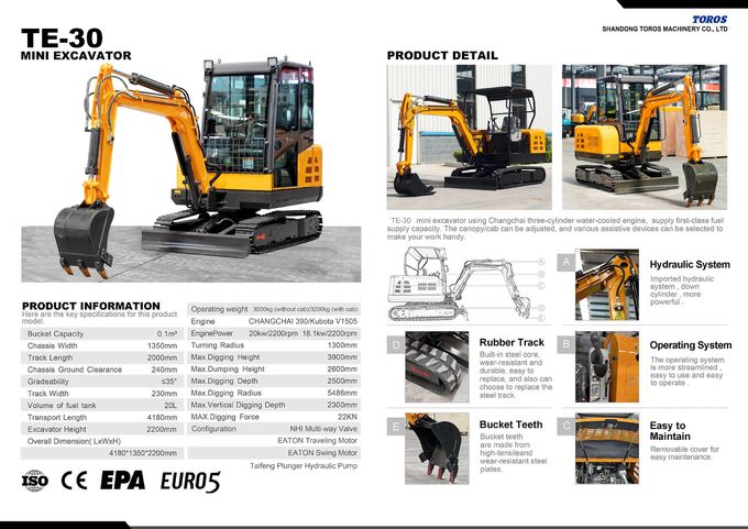 Mini Excavadora Toros TE-30 – 3 Toneladas | 19.6 kW